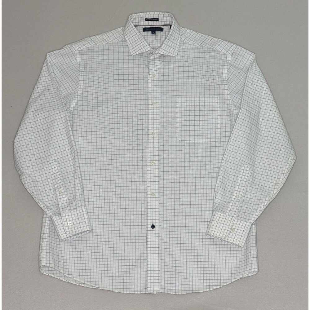 Tommy Hilfiger Men's 16 34-35 White Blue Long Sleeve Button Up Shirt Pocket Logo